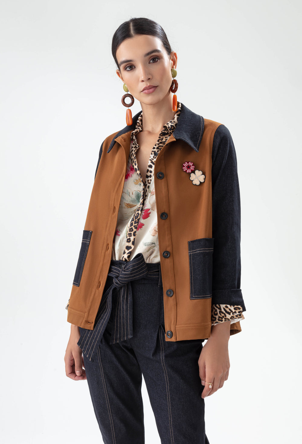 Veste Setri bi-matière caramel et jean brut 1