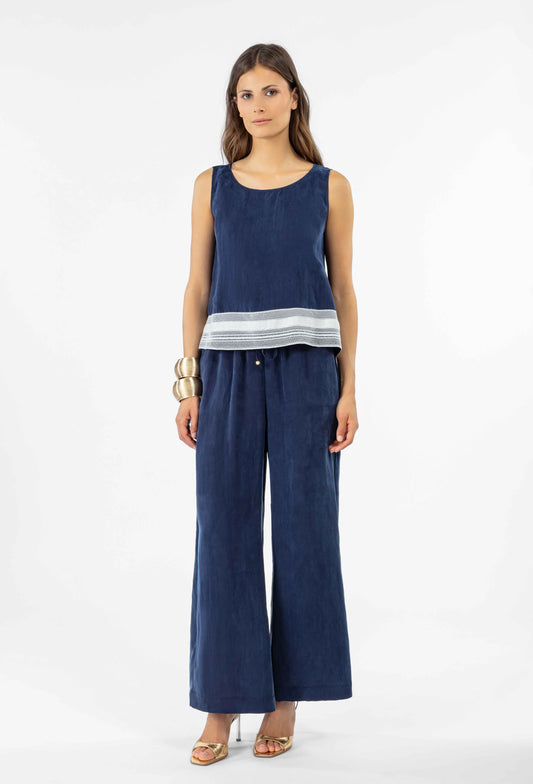 Pantalon palazzo Farell en lyocell marine 1