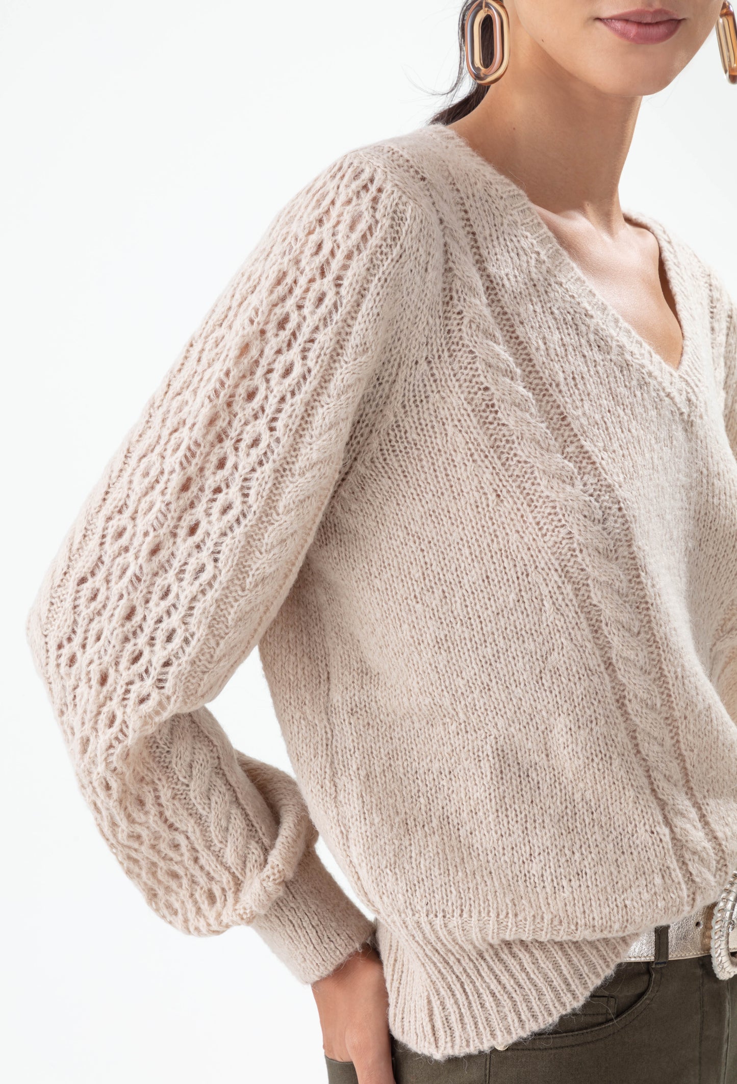 Pull col V Grace beige 20% laine 3