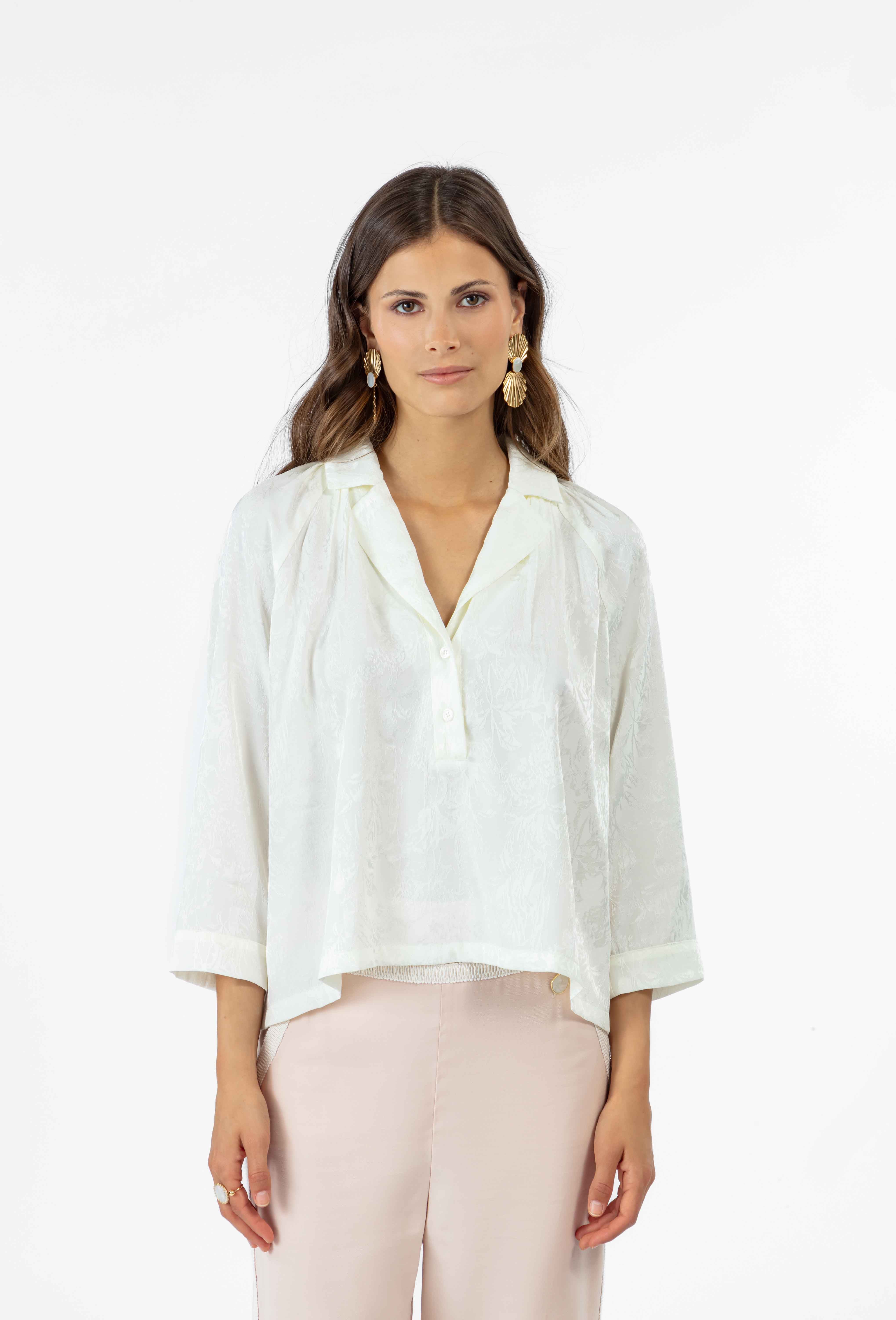 3/4 sleeve Maggie blouse in ecru jacquard | INDIES
