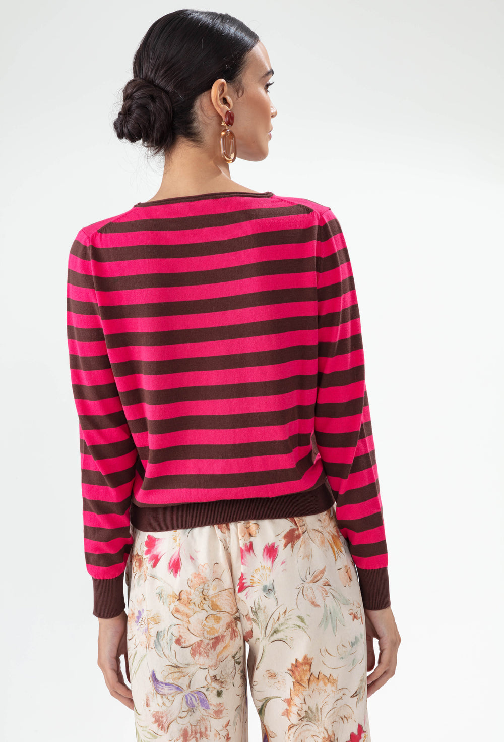 Pull Feline rayé rose hibiscus et caramel 3