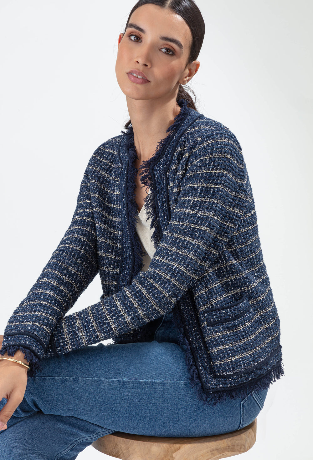 Gilet Sonia marine en coton effet tweed 4