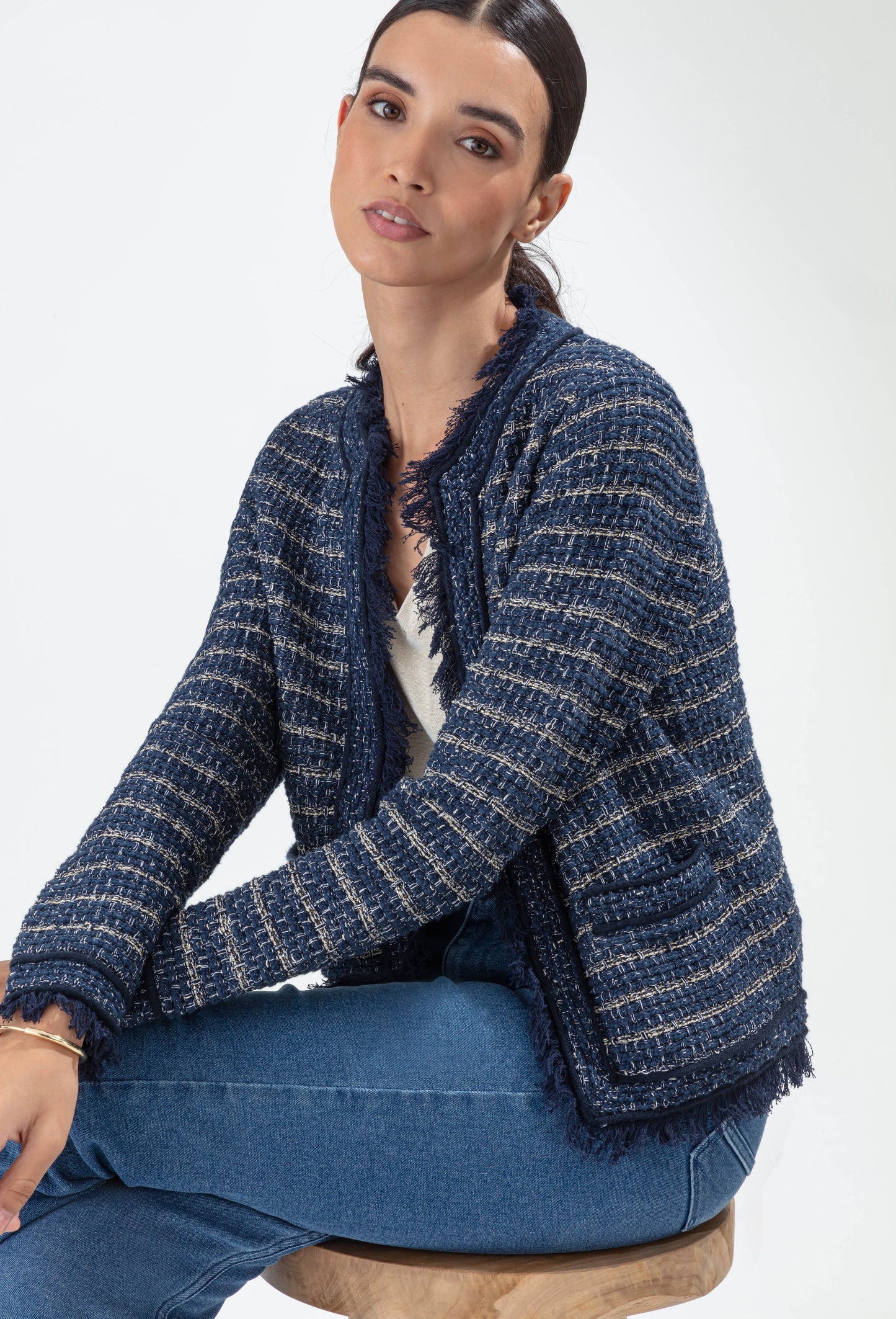 Gilet Sonia marine en coton effet tweed 4