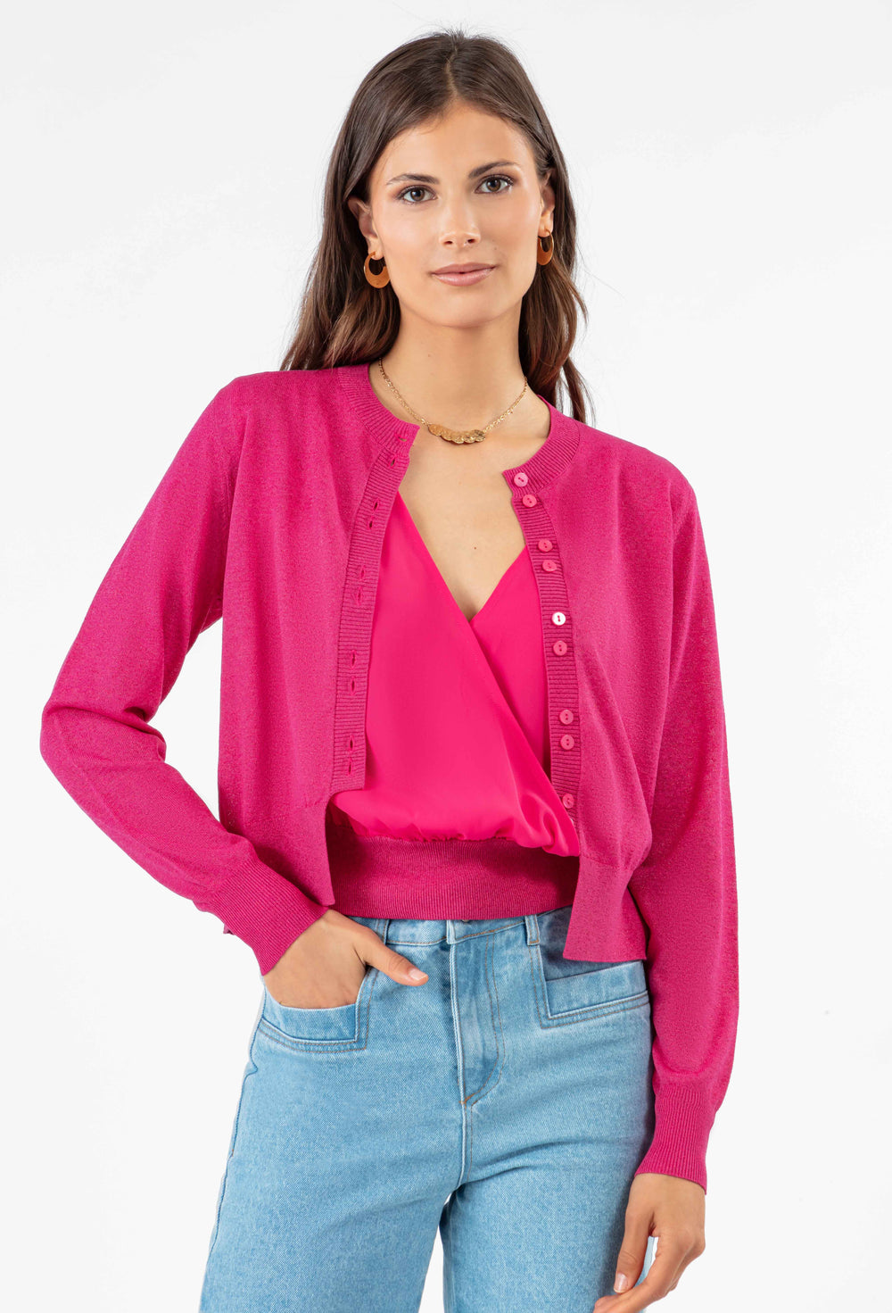Gilet court Alix en maille fuchsia 1