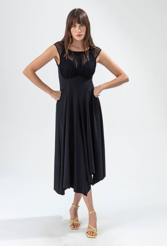 Robe Celeste noire en jersey technique et haut drapé 1