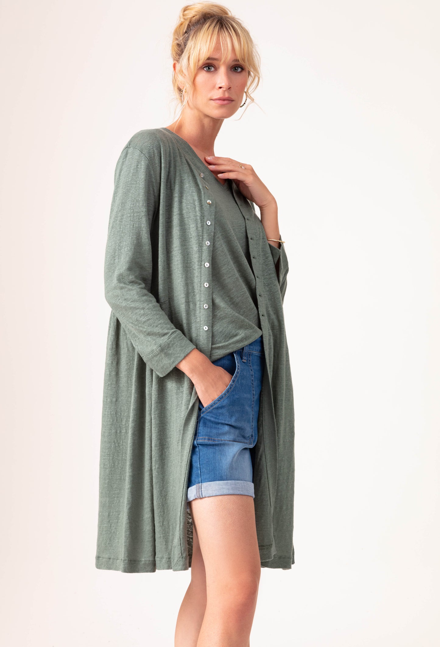Gilet long Jeanne argile 100% lin 1