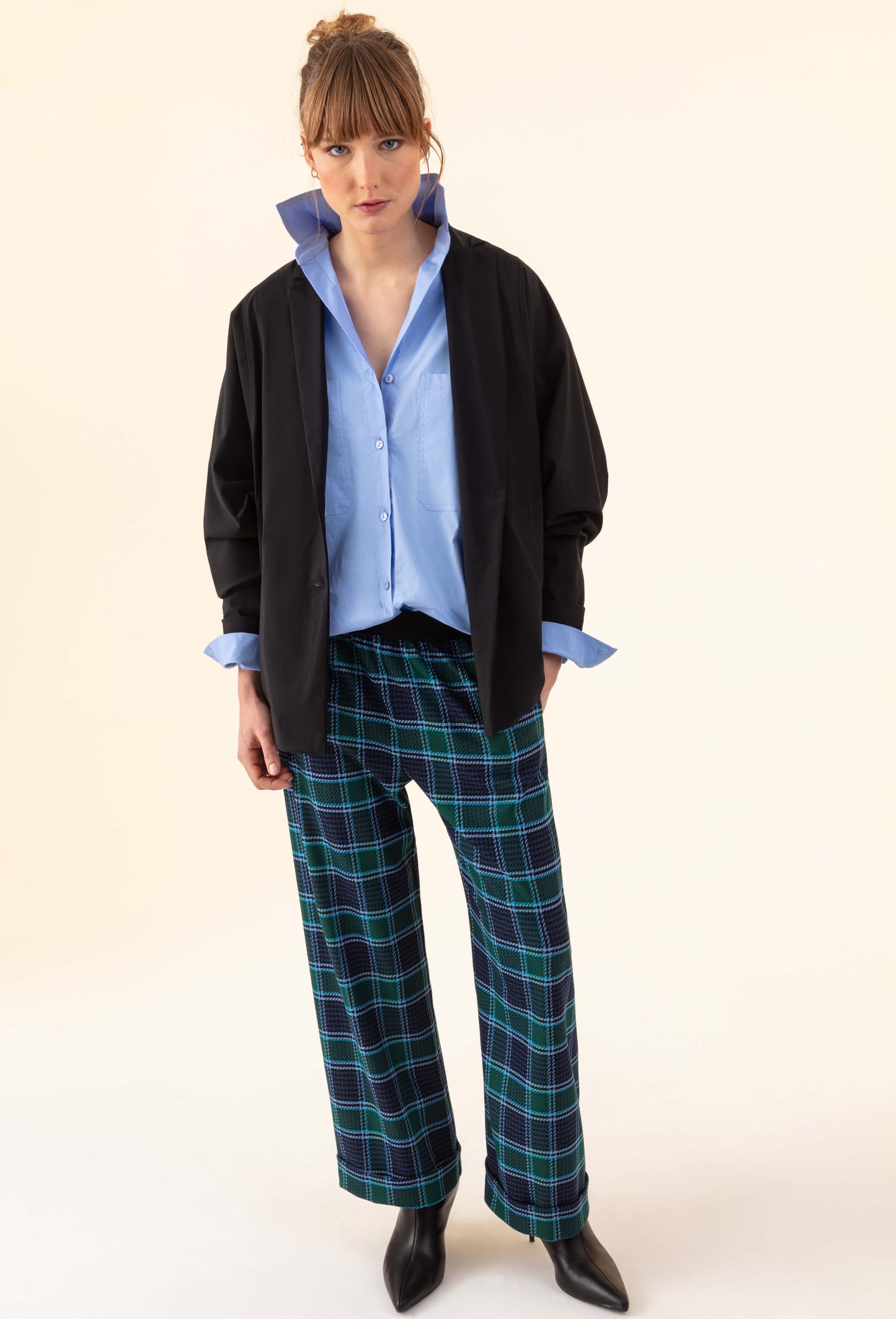 Pantalon large Axel imprimé tartan bleu 1