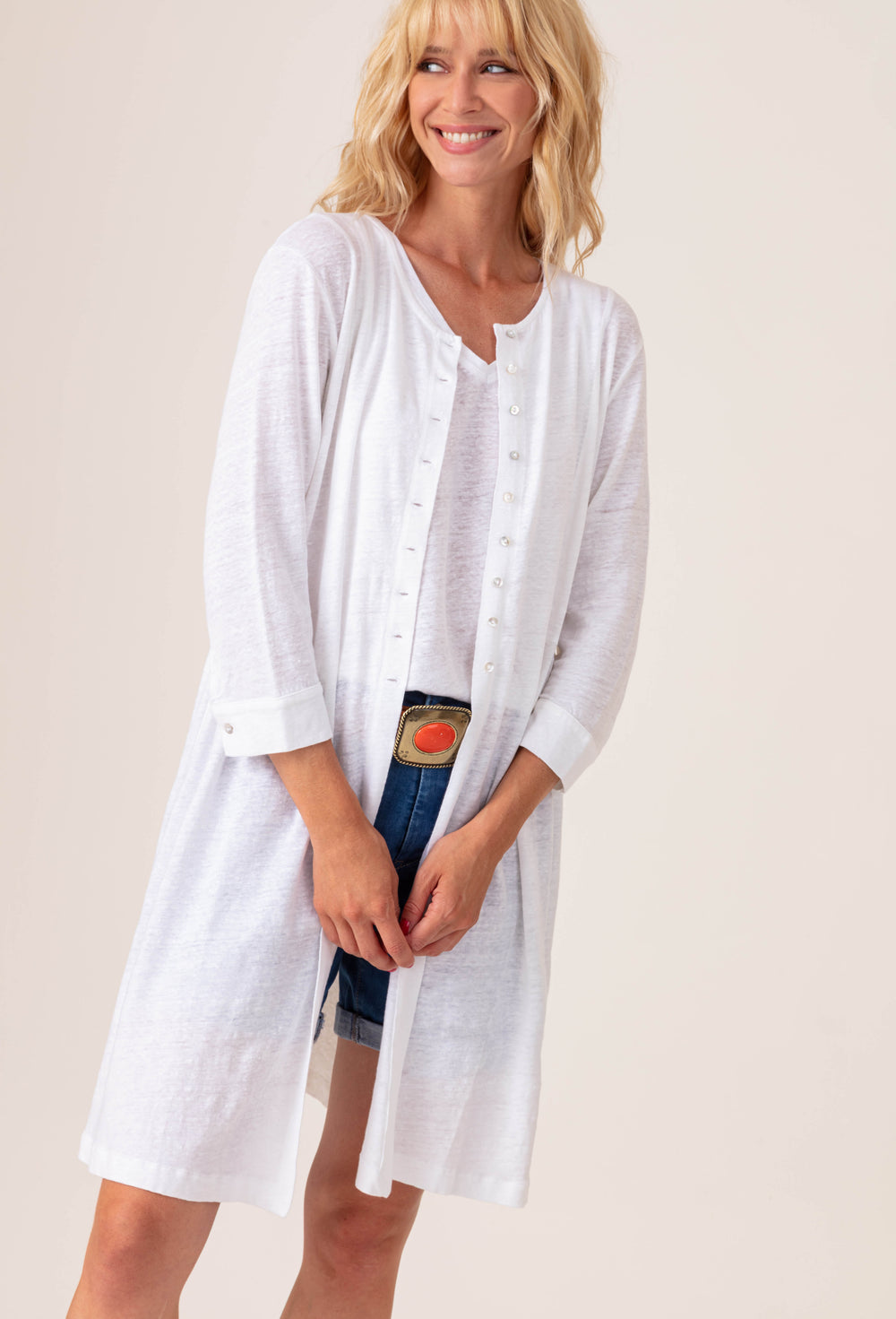 Gilet long Jeanne blanc 100% lin 1