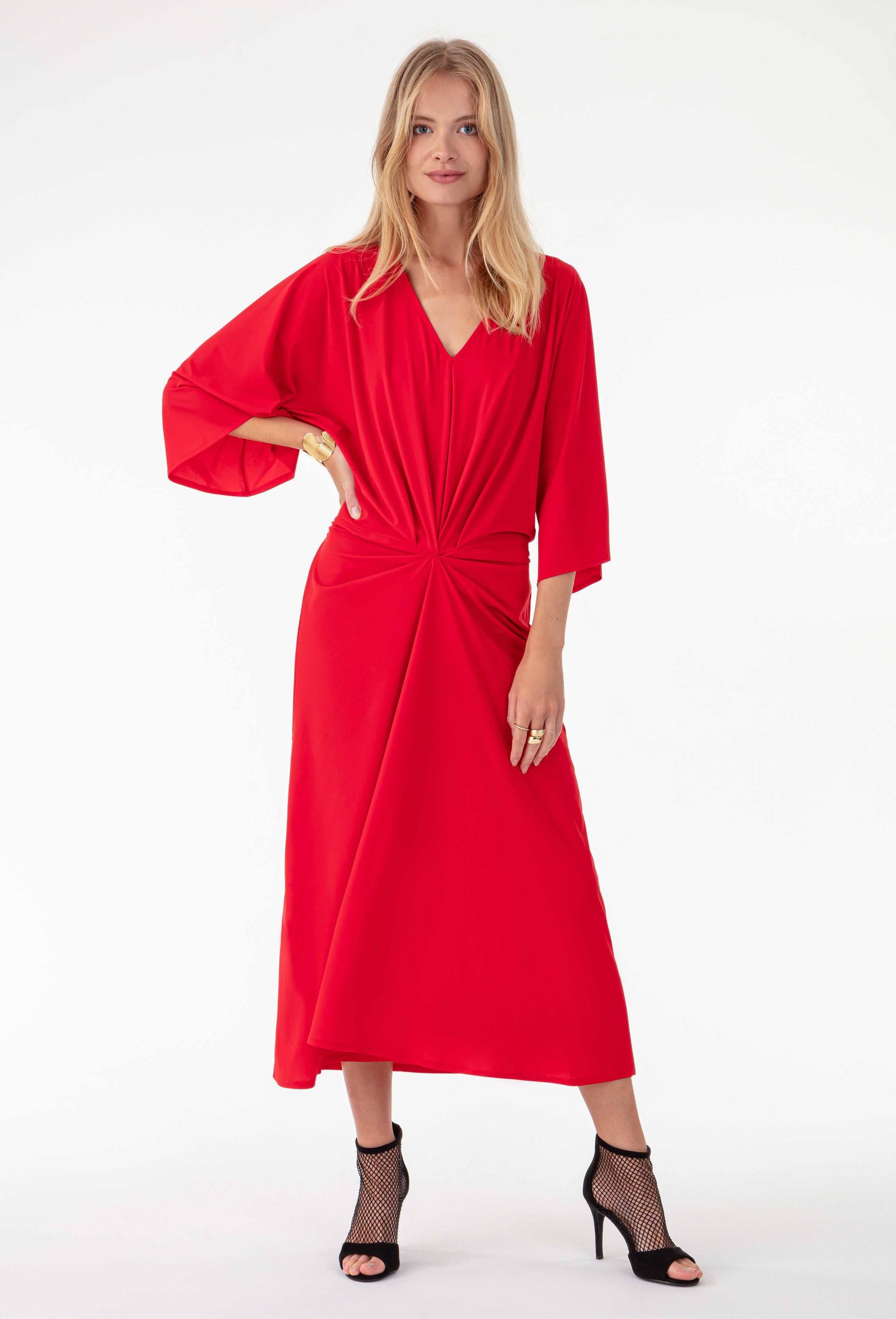 JUNO draped long dress in red technical jersey