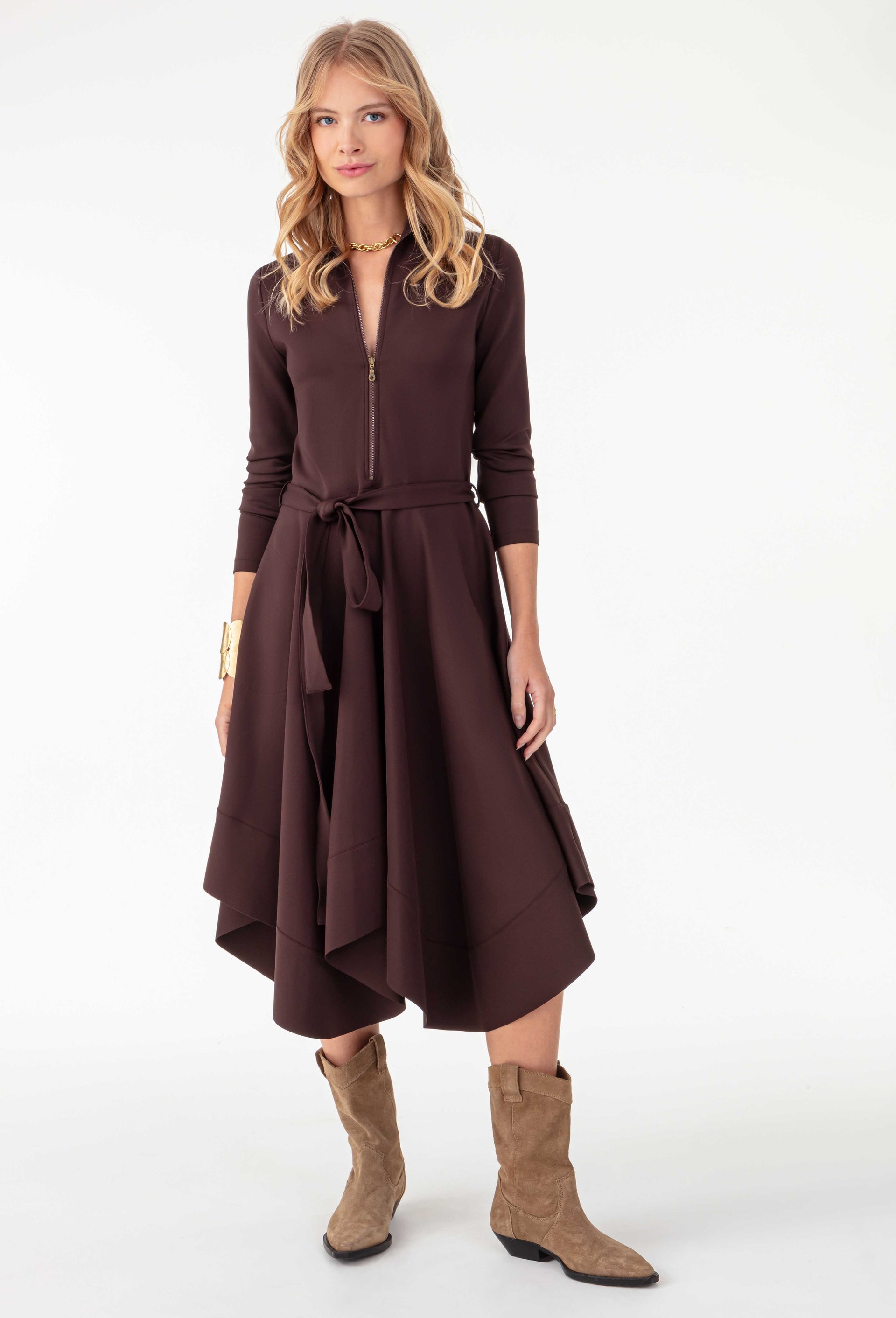 LAYLA skater dress in brown technical jersey | INDIES