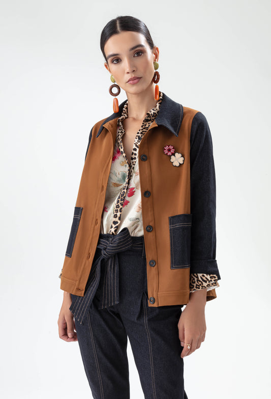 Veste Setri bi-matière caramel et jean brut 1