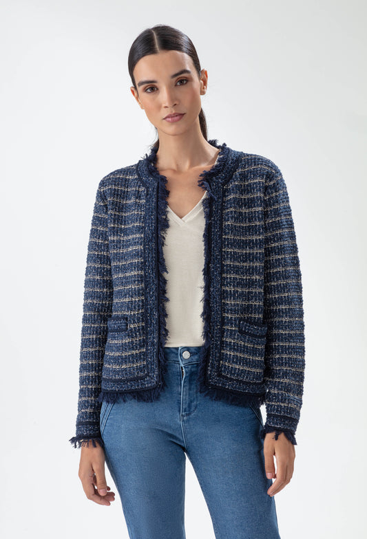 Gilet Sonia marine en coton effet tweed 1