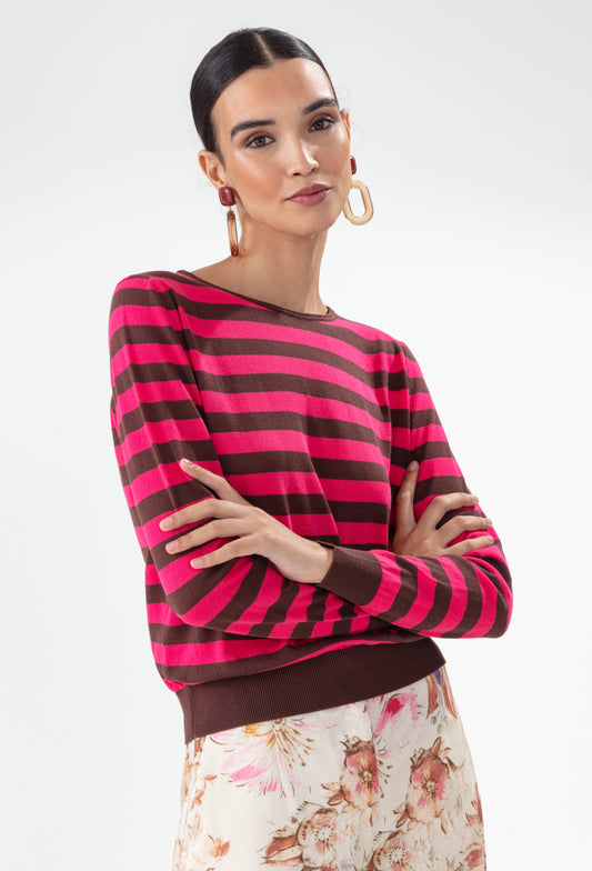 Pull Feline rayé rose hibiscus et caramel 1