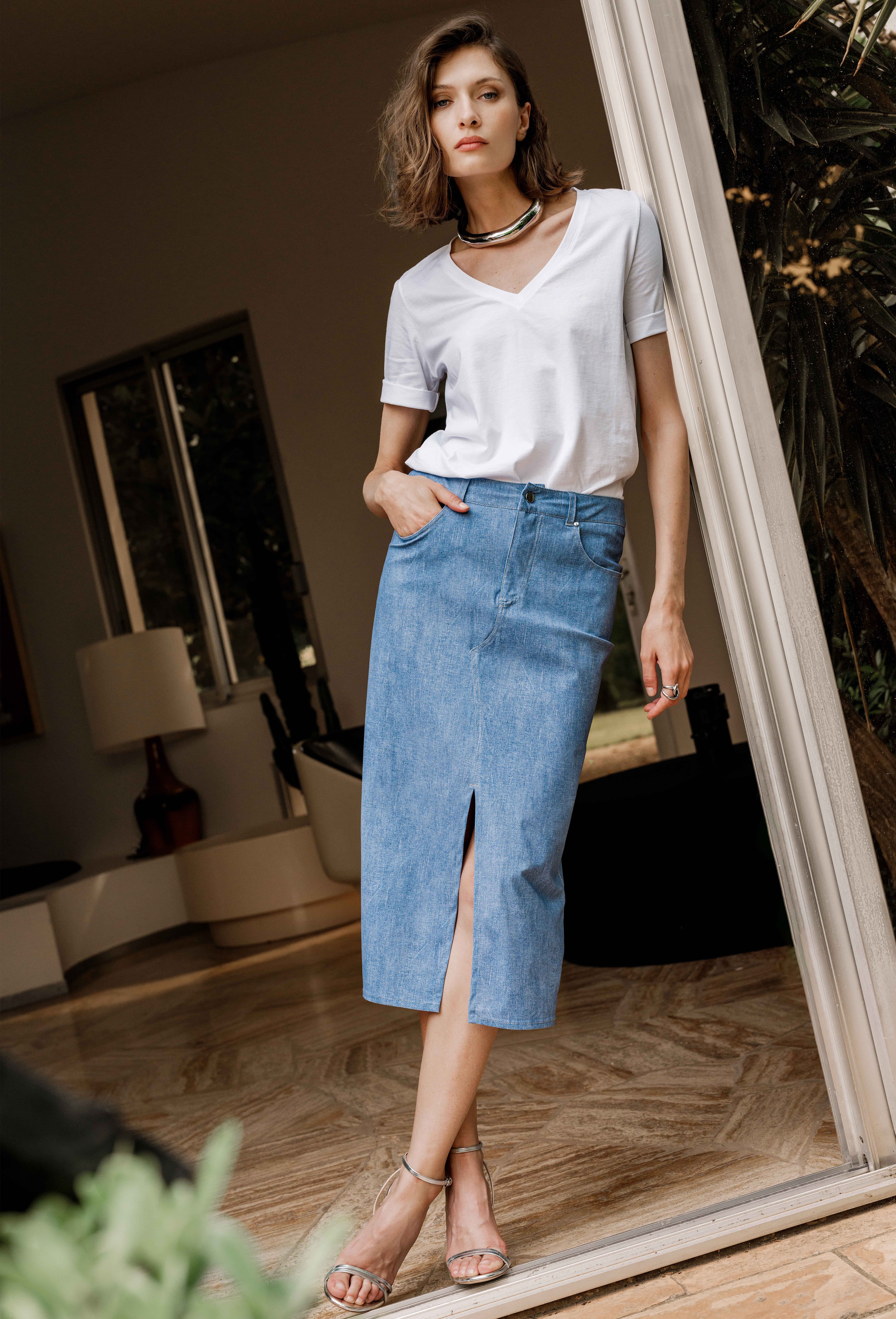 Marion pencil skirt in technical denim jersey | INDIES