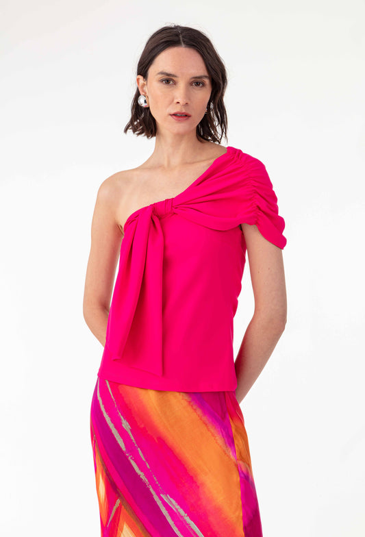 Top asymétrique Alma en jersey technique fuchsia 1