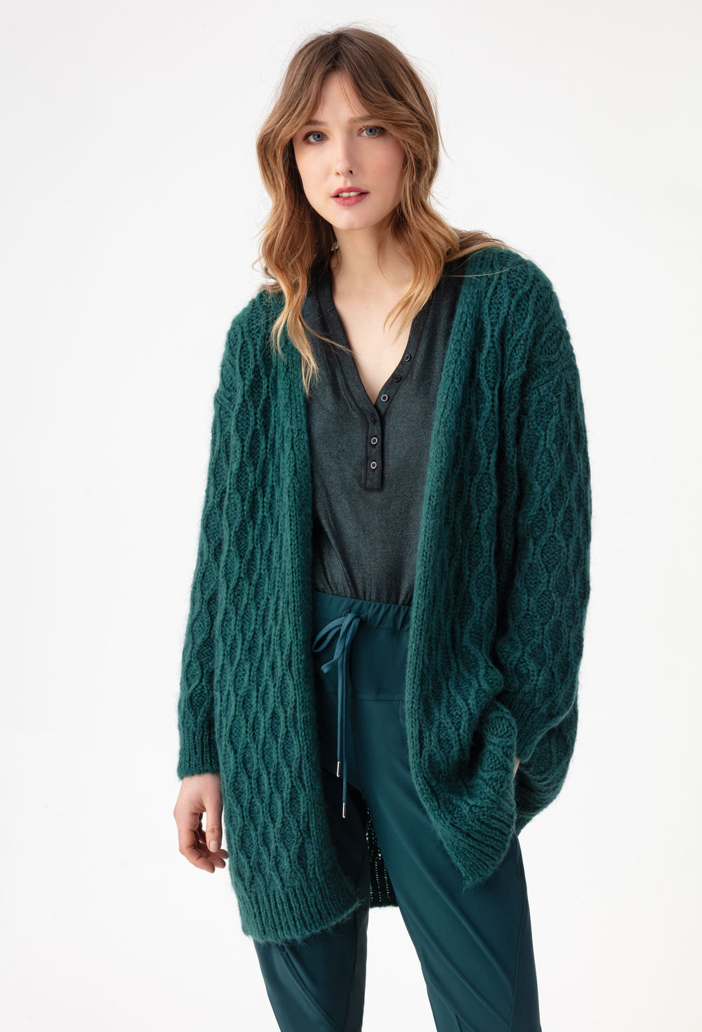 Gilet Aster long vert emeraude en laine mohair 1