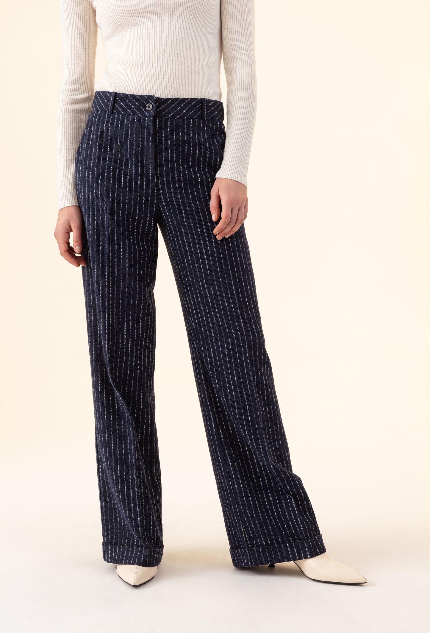 Pantalon Lino marine rayure écrue 2