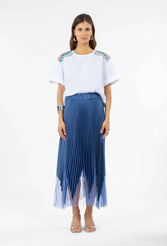 Jupe midi plissée Georgia en crêpe bleu satiné 1