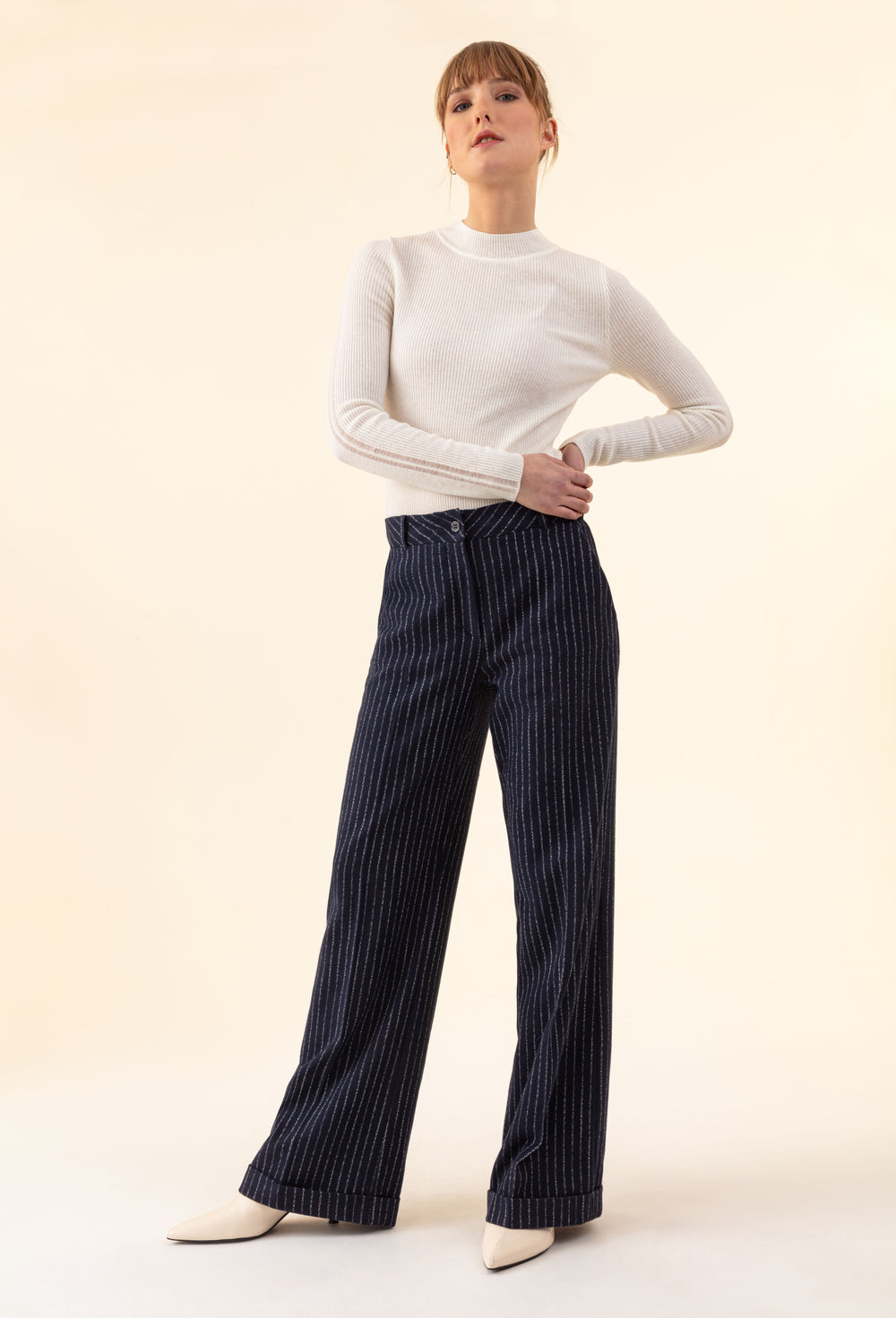 Pantalon Lino marine rayure écrue 1