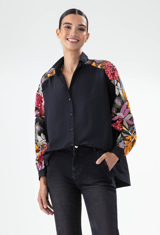 Chemise Esquisse noire en résille brodée de sequins 1