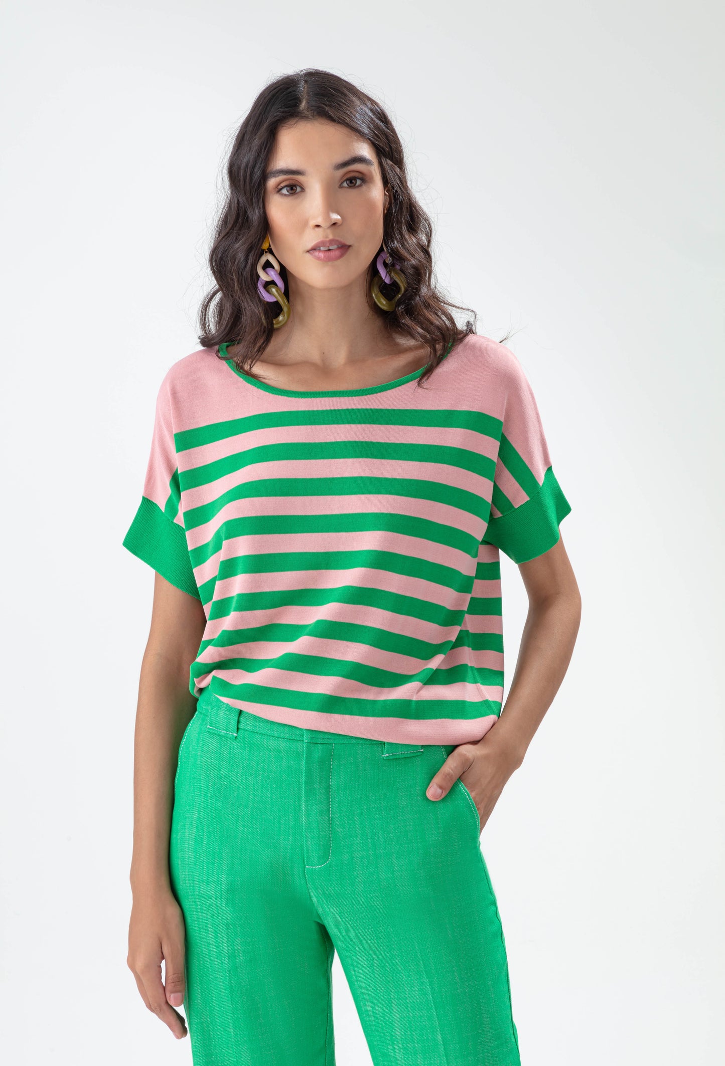 Pull Energie à rayures mint et pivoine 1