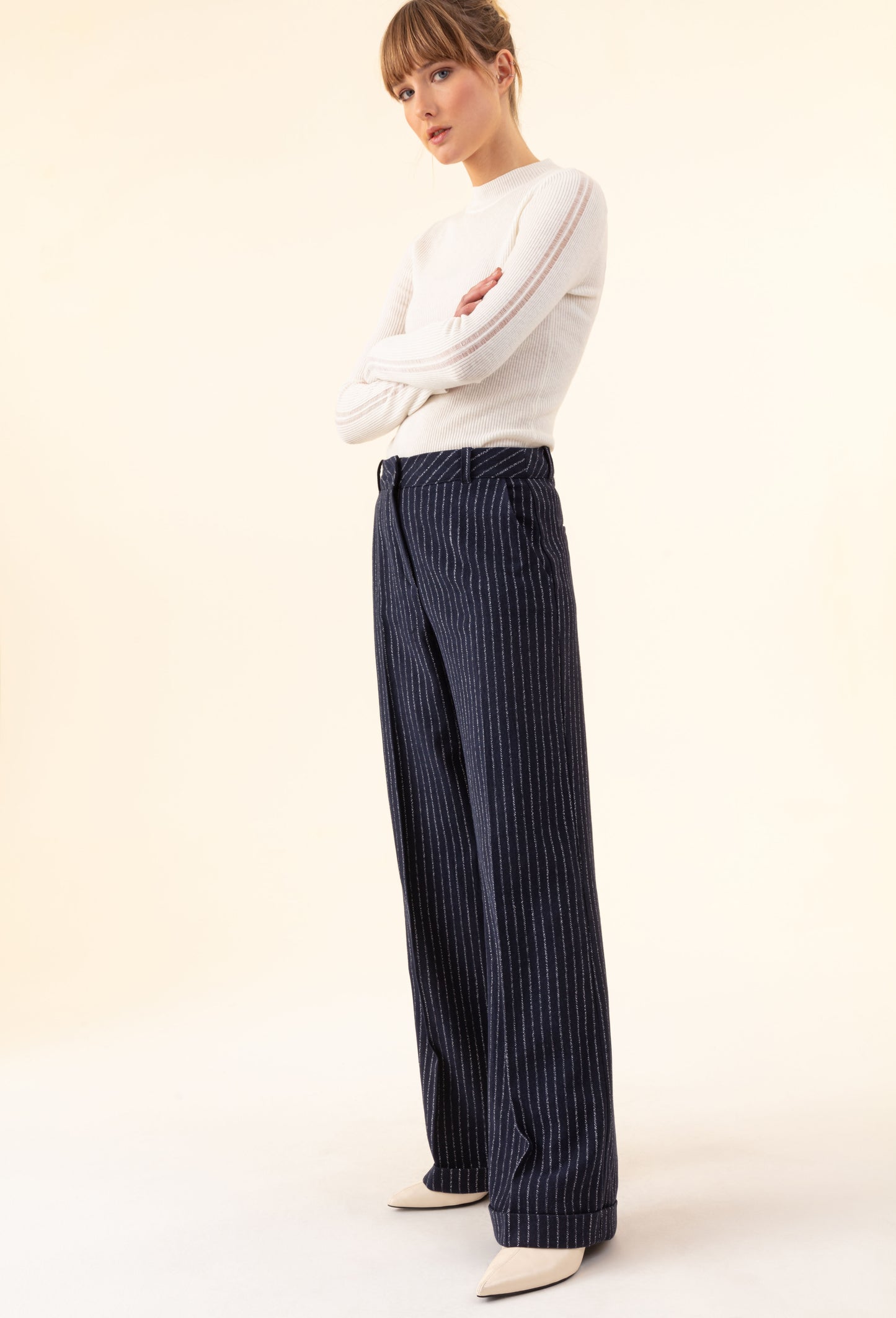 Pantalon Lino marine rayure écrue 3