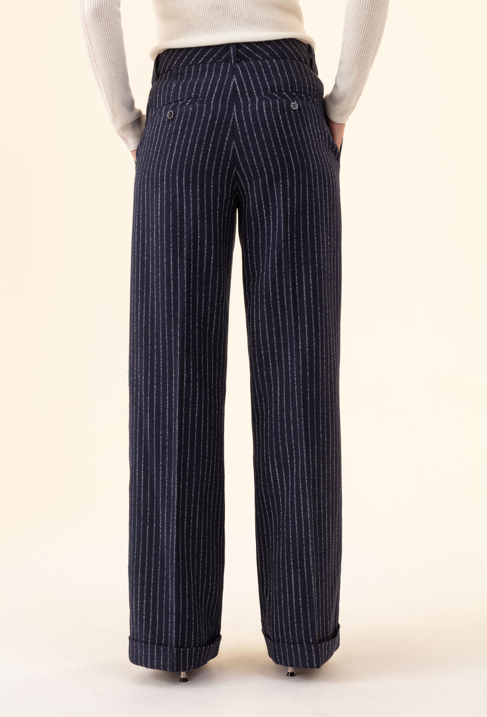 Pantalon Lino marine rayure écrue 4