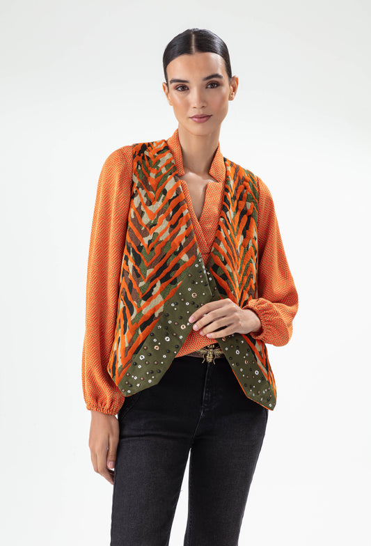 Gilet sans manches Emblème imprimé orange et kaki 4